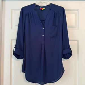 Women's ModCloth Fervour Blouse Size M Navy Roll-Tab Sleeve